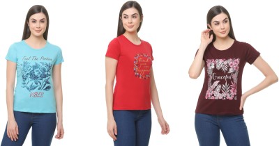 Star Touch Graphic Print Women Round Neck Light Blue, Red, Maroon T-Shirt