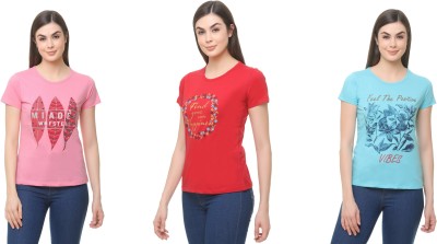 Star Touch Printed Women Round Neck Light Blue, Red, Pink T-Shirt