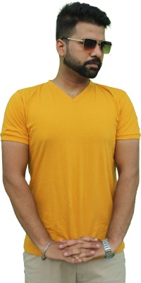 Mr Lier Solid Men V Neck Yellow T-Shirt