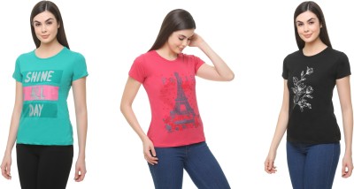 Star Touch Graphic Print Women Round Neck Black, Pink, Light Green T-Shirt