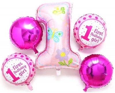 Shopperskart Printed First Birthday Girl Air-Toy-Foil-Helium Balloons For Birthday/Welcome baby/Baby Shower Balloon(Pink, Pack of 5)
