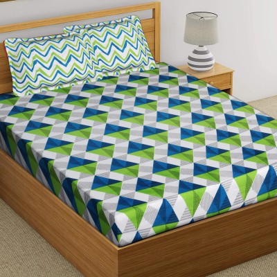 Sugun 310 TC Cotton Double Jaipuri Prints Flat Bedsheet(Pack of 1, Green, Blue, White)