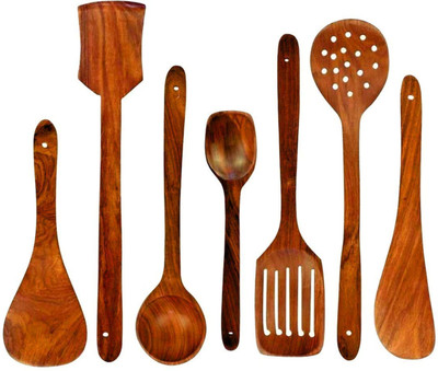 DECORASIA Non Chemical kitchen lovers Brown yellowish Kitchen Tool Wooden Dessert Spoon, Serving Spoon, Salad Spoon, Soup Spoon, Table Spoon Set(Pack of 7)