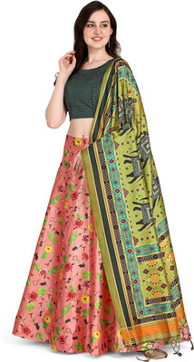 KAVINDI Floral Print Semi Stitched Lehenga Choli(Green)