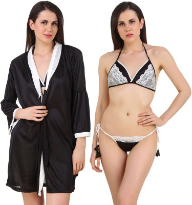 fasense Women Robe and Lingerie Set(White, Black)