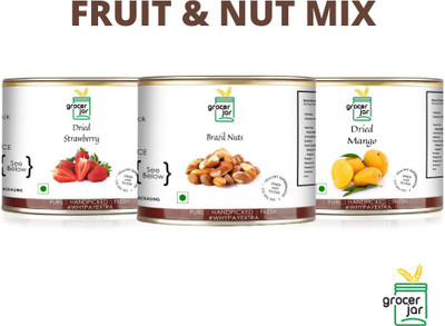 GROCERJAR DRY STRAWBERRY | DRY MANGO | BRAZIL NUTS Brazil Nuts, Mango, Strawberries(3 x 200 g)