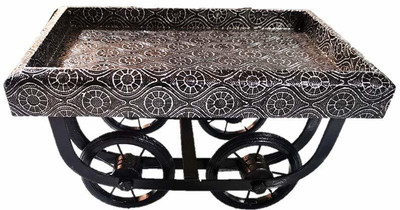 crafthub Wooden Metal Cart Snack Serving Platter for Dining Table Redi Shape Serving Trolley. Colour:- Base-Green Powder Coating & Top Brown Tray