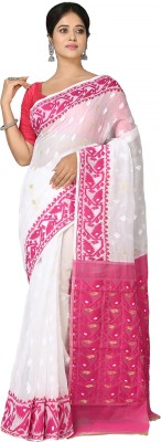 Mystory Printed Handloom Handloom Cotton Blend Saree(White, Pink)