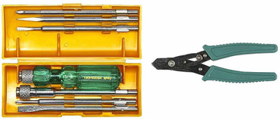 TAPARIA TP-840 Screw Driver Set with Neon Bulb (Silver and Green) & WS 06 Steel (150mm) Wire Stripping Plier Combination Screwdriver Set(Pack of 2)