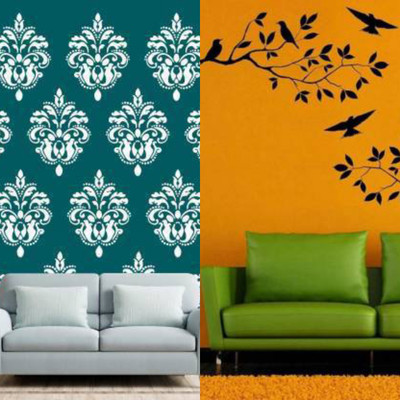 Aaradhya Collection Reusable DIY Designer PVC Wall Stencil Painting for Home Decoration Combo (16 x 24 inches, Designer Pattern & Birds On Tree Design) B5520_A870 Wall Stencil Stencil(Pack of 2, Printed)