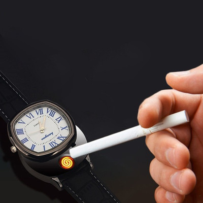 Triangle Ant New Flameless Rechargeable USB Cigarette Lighter Men's Watch Lighter Black Black Silver USB WATCH LIGHTER Cigarette Lighter(Black Silver)