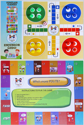 Enjunior Box 4 in 1 Ludo, Snakes and Ladders, Who is more eco friendly, Who is more polite Game for Family & Friends Toy for Kids Educational Board Games