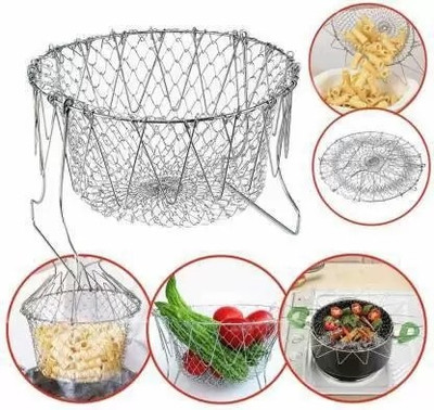 CRAZYGOL Multi-Function Stainless Steel Foldable Chef Basket Poaching Boiling Deep Frying Basket Wasing Fruit Vegetable Rinsing Washing Cooking Chef Basket Collapsible Strainer Collapsible Deep Frying Basket(Silver Pack of 1)