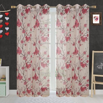 Kraftiq Homes 214 cm (7 ft) Polyester Transparent Door Curtain (Pack Of 2)(Floral, Pink)