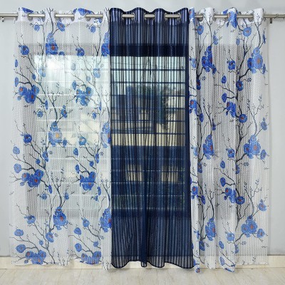Homefab India 213.5 cm (7 ft) Polyester Transparent Door Curtain (Pack Of 3)(Printed, Navy Blue)