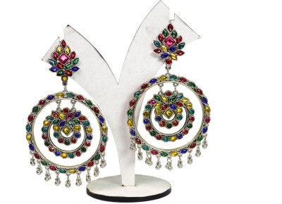 Unique Fashion House German Silver Oxidized Chandbali Earrings with Stone and Mirror Work for Women and Girls Stone, Metal Chandbali Earring