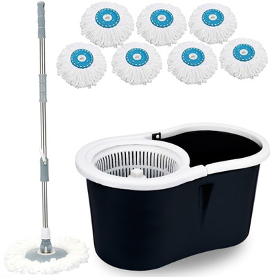 V-MOP Premium Black Plastic Dry Magic Spin Bucket Mop Set With 7 Microfiber Refills (( 6 Months Warranty on Rod )) Wet & Dry Mop(Black, White)