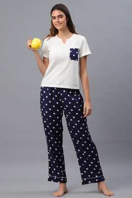 PRETTY LOVING THING Women Polka Print White Top & Pyjama Set