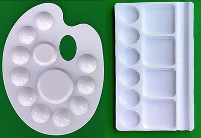 First Click Plastic Art 10 Wells Medium Size 9cm X 16cm + Art 12 Wells 301 Kidney Shaped Palette Size 17cms X 22.5cms (Set of 2 Pcs) 12 Paint Wells Palettes(Set of 2, PURE WHITE)