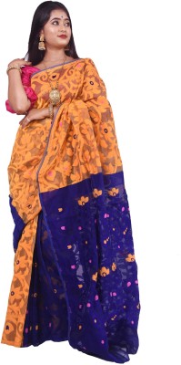 Krishneshwari Self Design, Woven Jamdani Cotton Silk Saree(Orange)