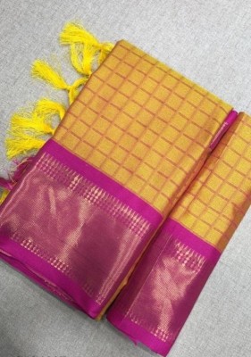 VRINDITA FASHION Checkered Assam Silk Art Silk, Cotton Silk Saree(Pink, Yellow)