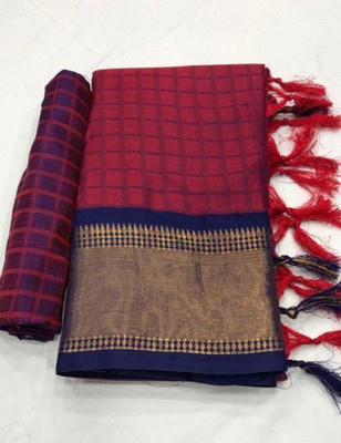 Juhi Collection Woven, Checkered Assam Silk Art Silk, Cotton Silk Saree(Maroon)