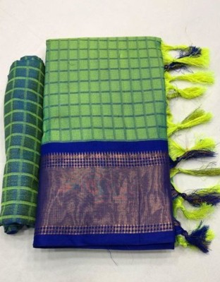 VRINDITA FASHION Checkered Assam Silk Art Silk, Cotton Silk Saree(Green, Blue)