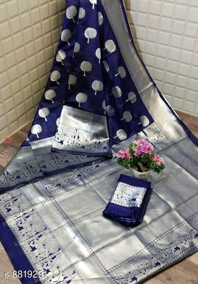 Amrut Collection Woven Banarasi Silk Blend Saree(Dark Blue)