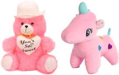 Champshade WHITE CAP PINK TEDDY WITH PINK UNICORN SOFT TOYS/PLUSH TOYS/STUFFED ANIMALS/VALENTINE DAY GIFT/ BIRTHDAY GIFT/ ANIVERSSARY GIFT/ FOR BOYS/GIRLS/KIDS/BOYFRIEND/GIRLFRIEND/COMBO TOYS  - 25 cm(Multicolor)