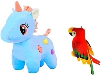 Champshade HANGING PARROT WITH BLUE UNICORN SOFT TOYS/PLUSH TOYS/STUFFED ANIMALS/VALENTINE DAY GIFT/ BIRTHDAY GIFT/ ANIVERSSARY GIFT/ FOR BOYS/GIRLS/KIDS/BOYFRIEND/GIRLFRIEND/COMBO TOYS  - 24 cm(Multicolor)