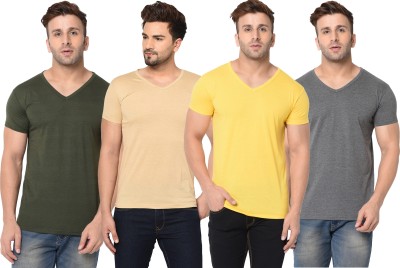 Tivy Solid Men V Neck Green, Beige, Grey, Yellow T-Shirt