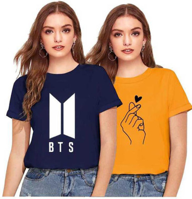 PicPok Printed Women Round Neck Blue, Yellow T-Shirt
