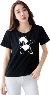 MJ Fashion Dancing Panda Graphic Print Women Round Neck Black T-Shirt