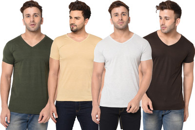 Adorbs Solid Men V Neck Green, Brown, Beige, Grey T-Shirt