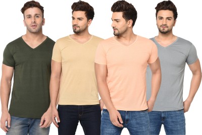 Jangoboy Solid Men V Neck Green, Orange, Beige, Grey T-Shirt