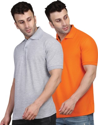 INKKR Solid Men Polo Neck Orange, Grey T-Shirt