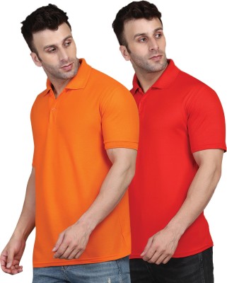INKKR Solid Men Polo Neck Red, Orange T-Shirt