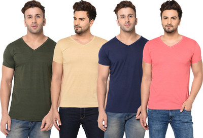 Jangoboy Solid Men V Neck Green, Blue, Pink, Beige T-Shirt