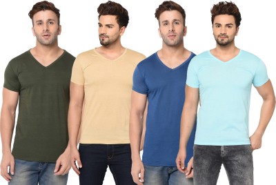 Tivy Solid Men V Neck Light Blue, Green, Blue, Beige T-Shirt