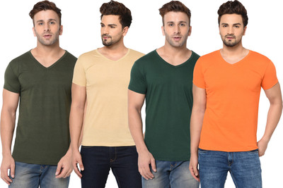 Adorbs Solid Men V Neck Dark Green, Orange, Beige T-Shirt