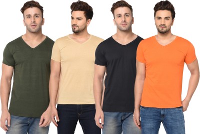 Jangoboy Solid Men V Neck Green, Black, Orange, Beige T-Shirt