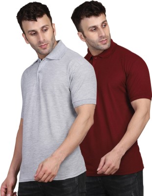 INKKR Solid Men Polo Neck Maroon, Grey T-Shirt