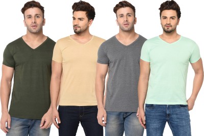 Tivy Solid Men V Neck Green, Beige, Grey, Light Green T-Shirt