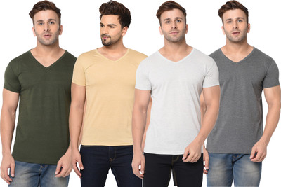 Adorbs Solid Men V Neck Green, Beige, Grey T-Shirt