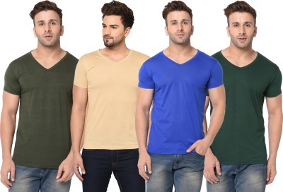 Tivy Solid Men V Neck Dark Green, Blue, Beige T-Shirt