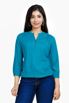 Fab Star Casual Solid Women Blue Top
