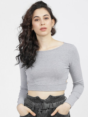 Tokyo Talkies Casual Solid Women Grey Top