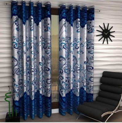 Panipat Textile Hub 213 cm (7 ft) Polyester Blackout Door Curtain (Pack Of 2)(Floral, Blue)