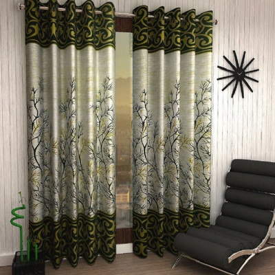 Panipat Textile Hub 152 cm (5 ft) Polyester Semi Transparent Window Curtain (Pack Of 2)(Floral, Green)