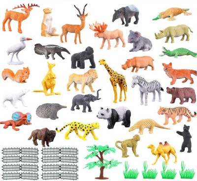 TOTAM Mini Jungle Animals Figure Toys Play Set 53 Piece, Realistic Wild Plastic Animal with Artificial Grass & Fencing Learning Games for Boys Girls Kids Toddlers, Animals Cupcake Topper(Multicolor)
